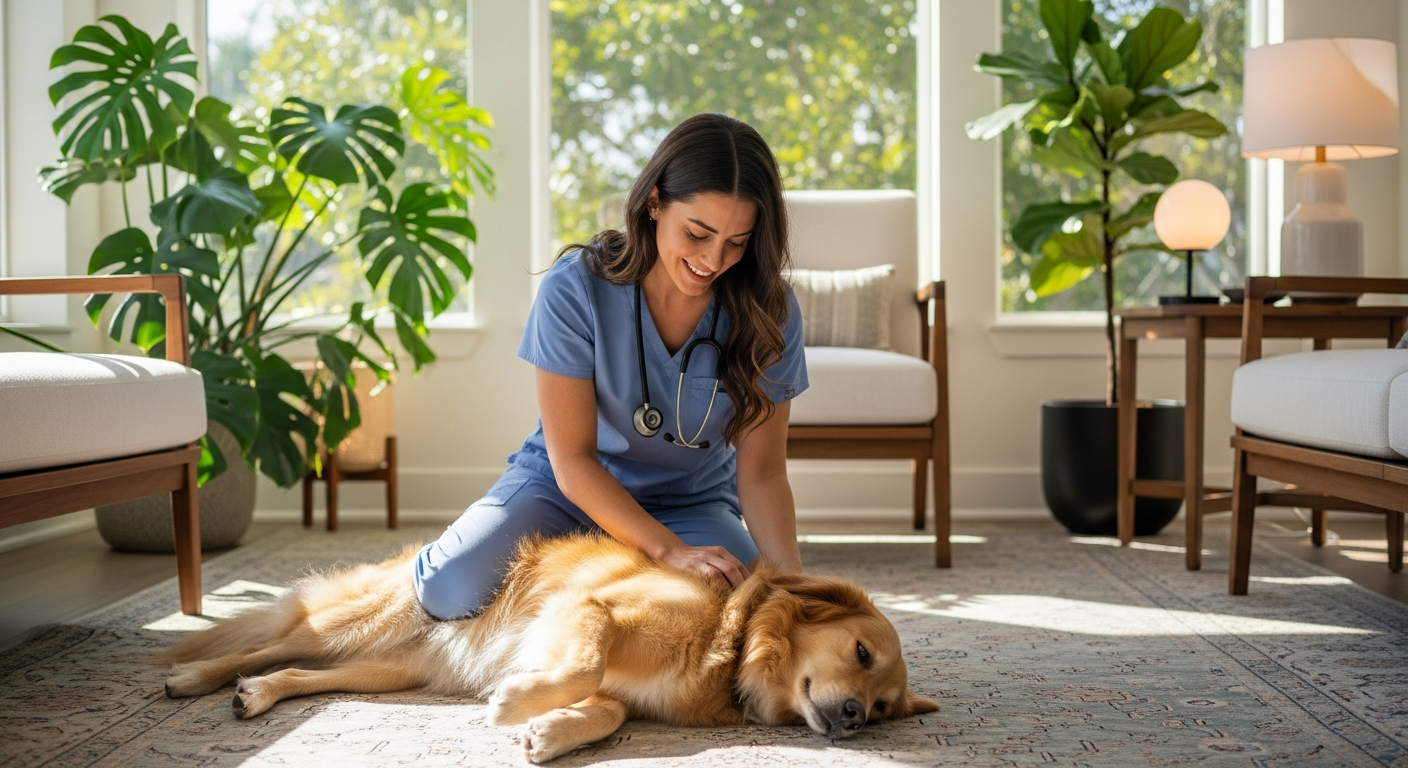 Total Vet mobile veterinarian gently examining a dog inside a sunny Miami home