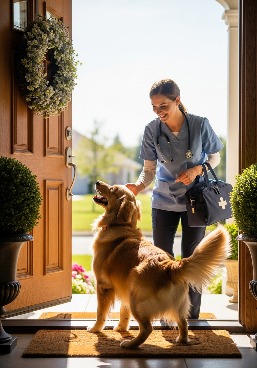 Mobile vet greeting a happy dog at the front door of a Miami home