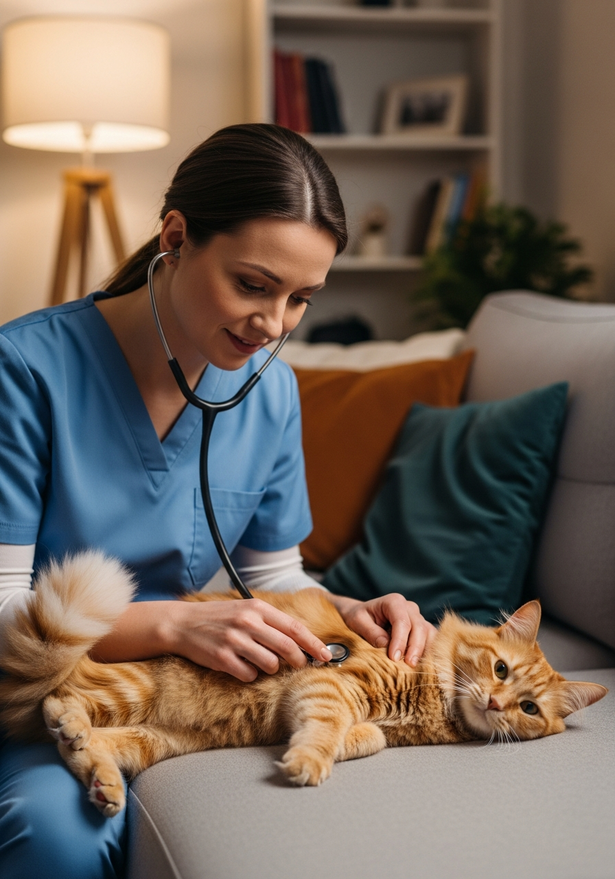Veterinarian gently examining a cat on a couch during an in-home visit