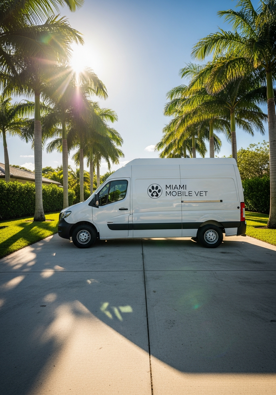Total Vet fully equipped mobile clinic van parked in a Miami driveway