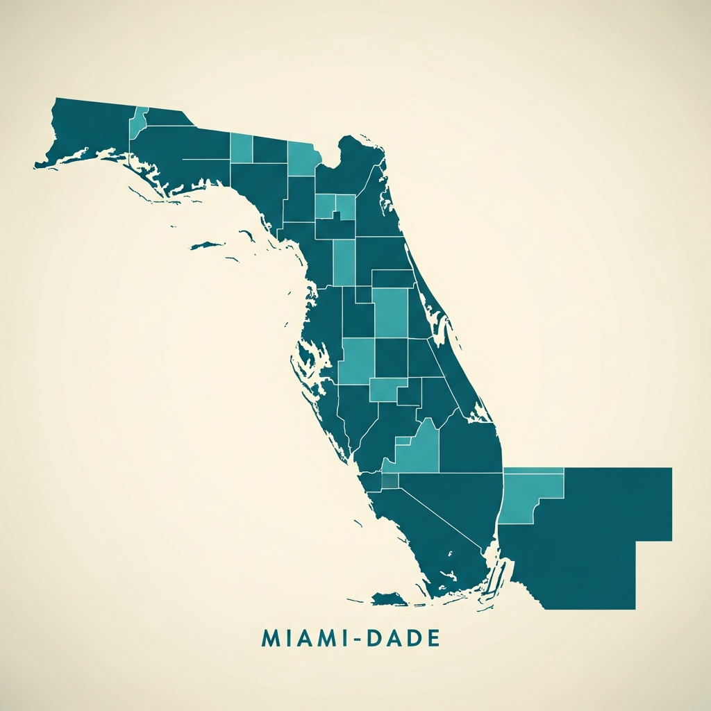 Stylized map showing Total Vet's Miami-Dade County mobile veterinary service area